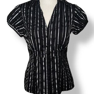 3/$20 Scott Taylor Black & Pearl Stripe Fitted Top Stretch Cotton Y2K Cap Sleeve